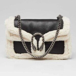 Gucci Black Leather and Shearling Dionysus Medium Shoulder Bag